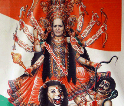 The poster depicting Congress president Sonia Gandhi <br />as goddess Durga, in Moradabad (UP)