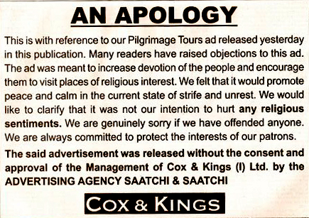 Apology given by Cox & Kings