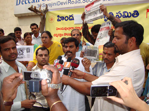HJS member talking with media about the manhandling incident in DC office
