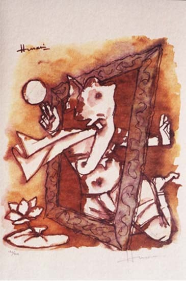 Denigratory picture of Ganapati by Anti-Hindu painter M F Husain on sale at Marvel Art Gallery