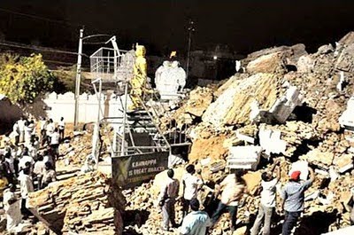 The debris of the collapsed portions of the Rajagopuram