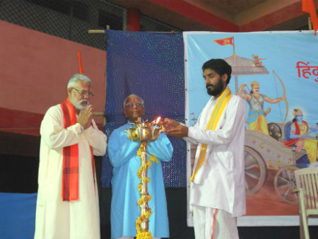 Inauguration of Hindu Dharmajagruti Sabha by lighting a Samai (an oil lamp)