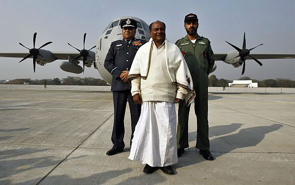 Defence Minister A K Antony, then Air Chief Marshal P V Naik and an IAF officer