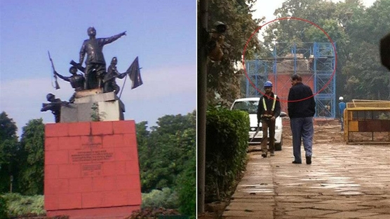 'Left : Statue of Netaji Bose' and 'Right : Statue of Netaji demolished'