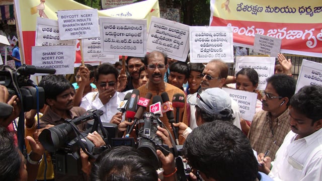 Chetan Janardhan of HJS surrounded by Media personals