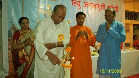 Mr. Durgesh Parulkar inaugurating Hindu Dharmajagruti Sabha by lighting Samai (A Lamp)