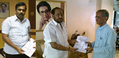 Mr. Shivaji Vatkar from HJS while submitting memorandum to opposition leaders Mr. Vinod Tavade(BJP) Mr. Shivaji Vatkar from HJS while submitting memorandum to opposition leaders Mr. Vinod Tavade(BJP)