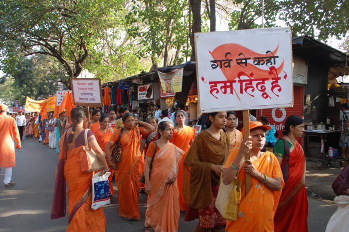 Saffron clad Hindu women participating in the rally