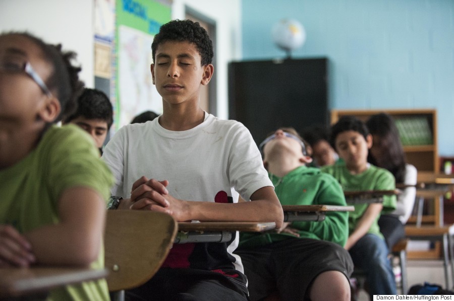 NEW YORK, NY - MAY 6:  Students from the Brooklyn Urban Garden Charter School take part in a meditation session during class Wednesday, May 6, 2015. (Photo by Damon Dahlen, Huffington Post) *** Local Caption ***