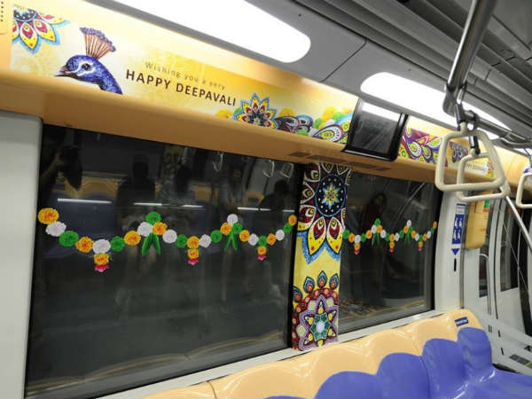 Decorations in the special Diwali-themed train (Photo courtesy: Facebook page of Singapore's Land Transport Authority)
