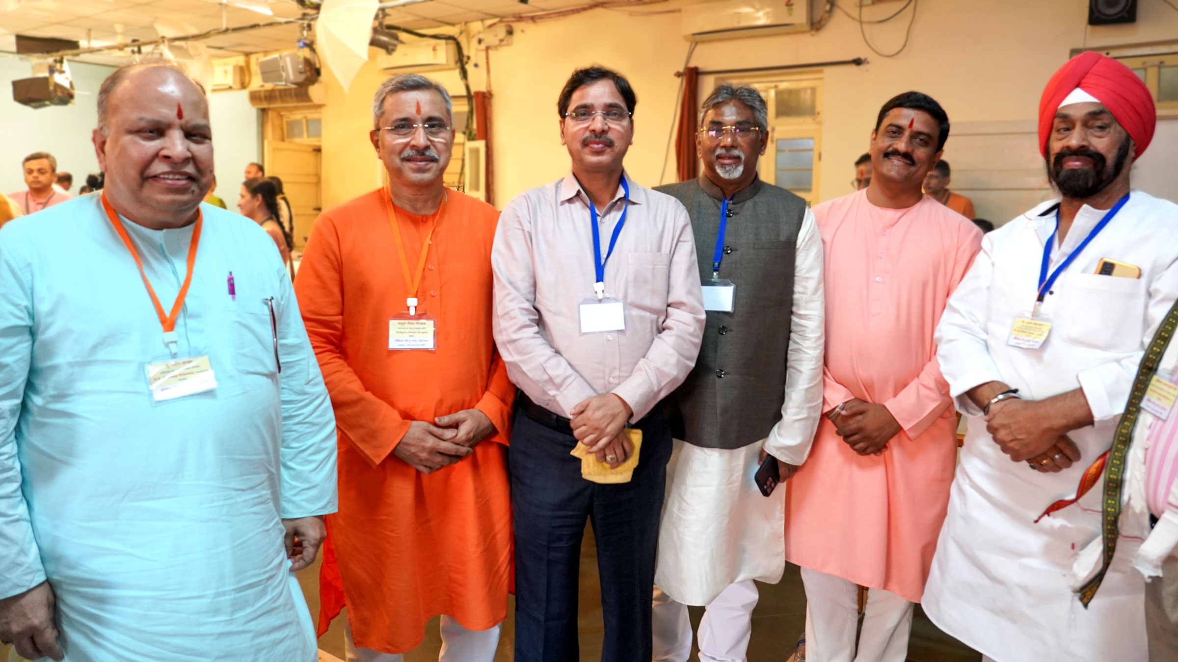 Devout Hindus working in different fields (From left) H.H. Pradeep Khemka (Dharmapracharak Saint, Sanatan Sanstha, Jharkhand), Sadguru Neelesh Singbal (Dharmapracharak Saint, Hindu Janajagruti Samiti), Adv. Ghansham Upadhyaya (President, Lawyers for Just Society, Mumbai, Maharashtra), Adv. Subhash Jha (High Court and Supreme Court, Mumbai, Maharashtra), Adv. Neelesh Sangolkar (Adhivakta Sangathak, Hindu Janajagruti Samiti) and Mr Ajit Singh Bagga (National Senior Vice President, Vyapar Mandal and President Varanasi Vyapar Mandal)