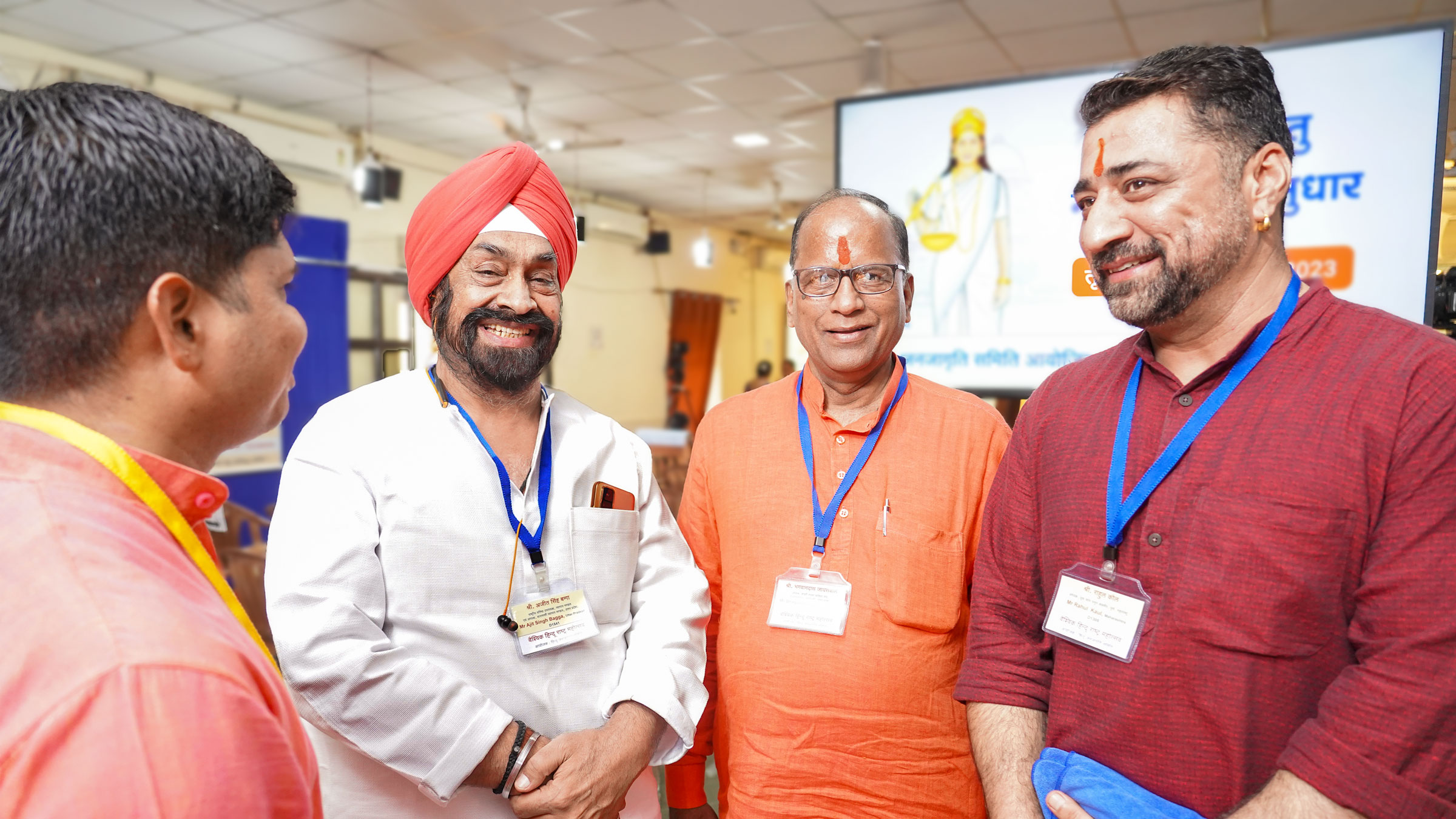 Devout Hindus from different States (From right) Mr Rahul Kaul (President, Youth for Panun Kashmir, Pune, Maharashtra), Mr Bhagawandas Jaiswal (President, Kashi Galla Fadiya Sangh, Vishweshvarganj, Varanasi, Uttar Pradesh) and Mr Ajit Singh Bagga (National Senior Vice President, Vyapar Mandal and President Varanasi Vyapar Mandal) getting introduced to each other